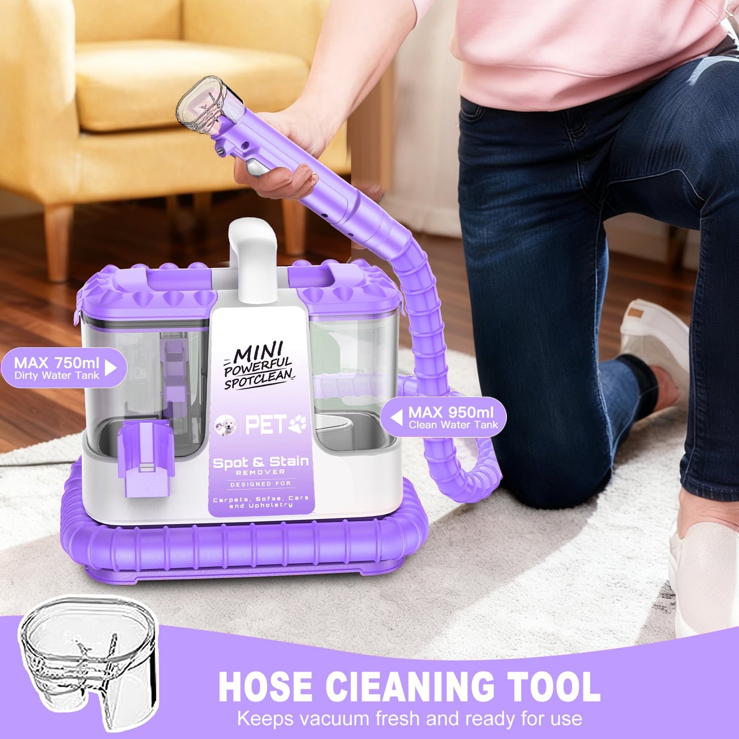 SUXIANGVAC Portable Carpet and Upholstery Spot Cleaner, 30Kpa Powerful Suction, Lightweight Compact Deep Cleaner for Home and Car, Purple(Version without cleaning solution)