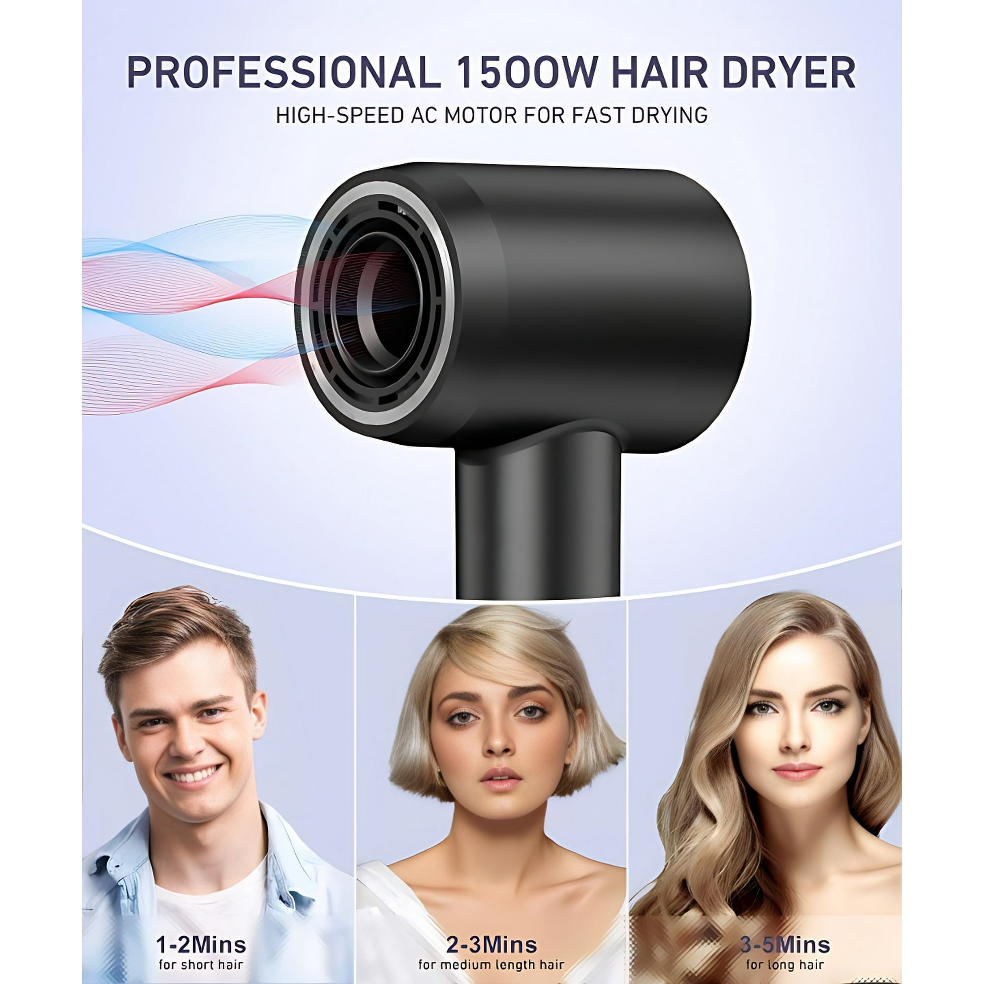 Purevigil 1500W High-Speed Hair Dryer, 500 Million Negative Ions Blow Dryer for Fast Drying, Intelligent Thermo-Control Ionic Hair Dryer with Safety Plug, Low Noise, Ergonomic Design, Black